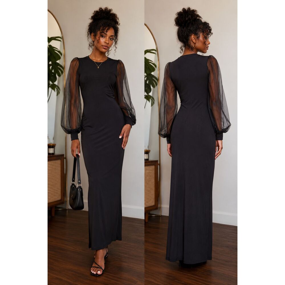 Black Mock Neck Dress Sheer Mesh Long Balloon Sleeve Bodycon L